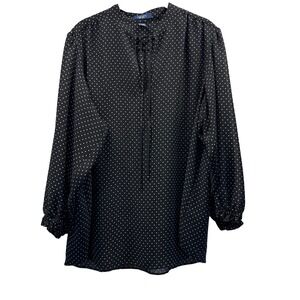 Chaps Women's Top Size XL Black White Polka Dot Semi Sheer Neck Tie 3/4 Sleeves